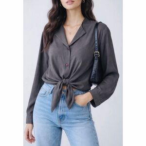 (VTG) EIGHT DEGREES SOUTH • Grey 100% Silk Button-Down Long Sleeve Shirt, M